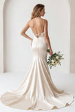 Ivory Mermaid Satin Spaghetti Straps Long Wedding Dress