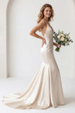Ivory Mermaid Satin Spaghetti Straps Long Wedding Dress