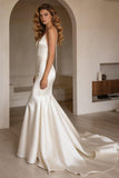 Ivory Mermaid Satin Spaghetti Straps Long Wedding Dress