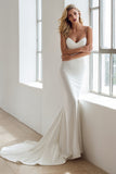 Ivory Satin Mermaid Lace Applique Spaghetti Straps Long Wedding Dress