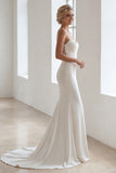 Ivory Satin Mermaid Lace Applique Spaghetti Straps Long Wedding Dress