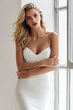 Ivory Satin Mermaid Lace Applique Spaghetti Straps Long Wedding Dress