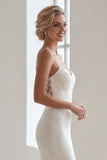 Ivory Satin Mermaid Lace Applique Spaghetti Straps Long Wedding Dress