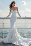 Mermaid Off the Shoulder Ivory Lace Long Sleeve Wedding Dress with Court Train