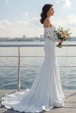 Mermaid Off the Shoulder Ivory Lace Long Sleeve Wedding Dress with Court Train