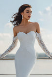 Mermaid Off the Shoulder Ivory Lace Long Sleeve Wedding Dress with Court Train