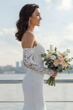 Mermaid Off the Shoulder Ivory Lace Long Sleeve Wedding Dress with Court Train