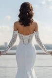 Mermaid Off the Shoulder Ivory Lace Long Sleeve Wedding Dress with Court Train