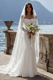 Ivory Off the Shoulder Mermaid Satin Long Wedding Dress with Court Train
