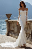 Ivory Off the Shoulder Mermaid Satin Long Wedding Dress with Court Train