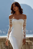 Ivory Off the Shoulder Mermaid Satin Long Wedding Dress with Court Train