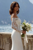 Ivory Off the Shoulder Mermaid Satin Long Wedding Dress with Court Train