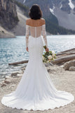 Off the Shoulder Lace Ivory Long Sleeve Mermaid Wedding Dress with Slit