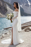 Off the Shoulder Lace Ivory Long Sleeve Mermaid Wedding Dress with Slit