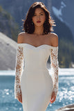 Off the Shoulder Lace Ivory Long Sleeve Mermaid Wedding Dress with Slit