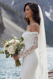 Off the Shoulder Lace Ivory Long Sleeve Mermaid Wedding Dress with Slit
