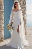 Ivory Mermaid Ruched Spaghetti Straps Long Wedding Dress with Slit (Without Gloves)