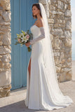 Ivory Mermaid Ruched Spaghetti Straps Long Wedding Dress with Slit (Without Gloves)