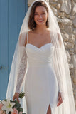 Ivory Mermaid Ruched Spaghetti Straps Long Wedding Dress with Slit (Without Gloves)