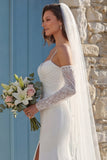 Ivory Mermaid Ruched Spaghetti Straps Long Wedding Dress with Slit (Without Gloves)