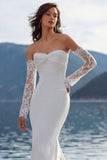 Strapless Ivory Mermaid Lace Long Wedding Dress with Court Train (Without Golves)