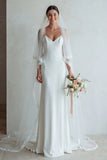 Simple Ivory Sheath Spaghetti Straps Satin Wedding Dress with Sweep Train
