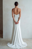 Simple Ivory Sheath Spaghetti Straps Satin Wedding Dress with Sweep Train