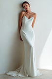 Simple Ivory Sheath Spaghetti Straps Satin Wedding Dress with Sweep Train