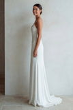 Simple Ivory Sheath Spaghetti Straps Satin Wedding Dress with Sweep Train
