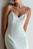 Simple Ivory Sheath Spaghetti Straps Satin Wedding Dress with Sweep Train