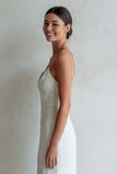Simple Ivory Sheath Spaghetti Straps Satin Wedding Dress with Sweep Train