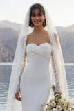 Strapless Mermaid Ruched Long Wedding Dress with Sweep Train (Without Gloves)