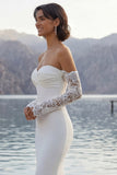 Strapless Mermaid Ruched Long Wedding Dress with Sweep Train (Without Gloves)