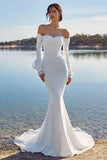 Ivory Off the Shoulder Appliqued Mermaid Long Sleeve Wedding Dress with Sweep Train