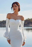 Ivory Off the Shoulder Appliqued Mermaid Long Sleeve Wedding Dress with Sweep Train