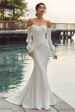 Ivory Off the Shoulder Ruched Mermaid Satin Long Wedding Dress With Sweep Train