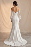 Ivory Off the Shoulder Ruched Mermaid Satin Long Wedding Dress With Sweep Train