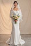 Ivory Off the Shoulder Ruched Mermaid Satin Long Wedding Dress With Sweep Train