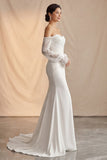 Ivory Off the Shoulder Ruched Mermaid Satin Long Wedding Dress With Sweep Train
