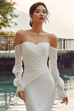Ivory Off the Shoulder Ruched Mermaid Satin Long Wedding Dress With Sweep Train