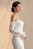 Ivory Off the Shoulder Ruched Mermaid Satin Long Wedding Dress With Sweep Train