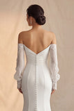 Ivory Off the Shoulder Ruched Mermaid Satin Long Wedding Dress With Sweep Train
