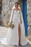 Ivory A Line Off the Shoulder Lace Long Wedding Dress with Slit