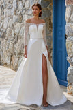 Ivory A Line Off the Shoulder Lace Long Wedding Dress with Slit
