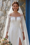 Ivory A Line Off the Shoulder Lace Long Wedding Dress with Slit