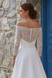 Ivory A Line Off the Shoulder Lace Long Wedding Dress with Slit