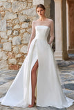 A Line Beaded Ivory Sheer Long Sleeve Wedding Dress With Slit
