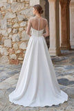 A Line Beaded Ivory Sheer Long Sleeve Wedding Dress With Slit