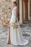 A Line Beaded Ivory Sheer Long Sleeve Wedding Dress With Slit