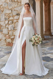 A Line Beaded Ivory Sheer Long Sleeve Wedding Dress With Slit